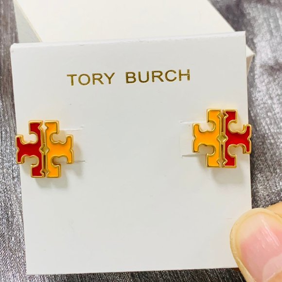 TORY BURCH Earrings • Gold Red Logo Mustard Yellow Earrings - Picture 13 of 13